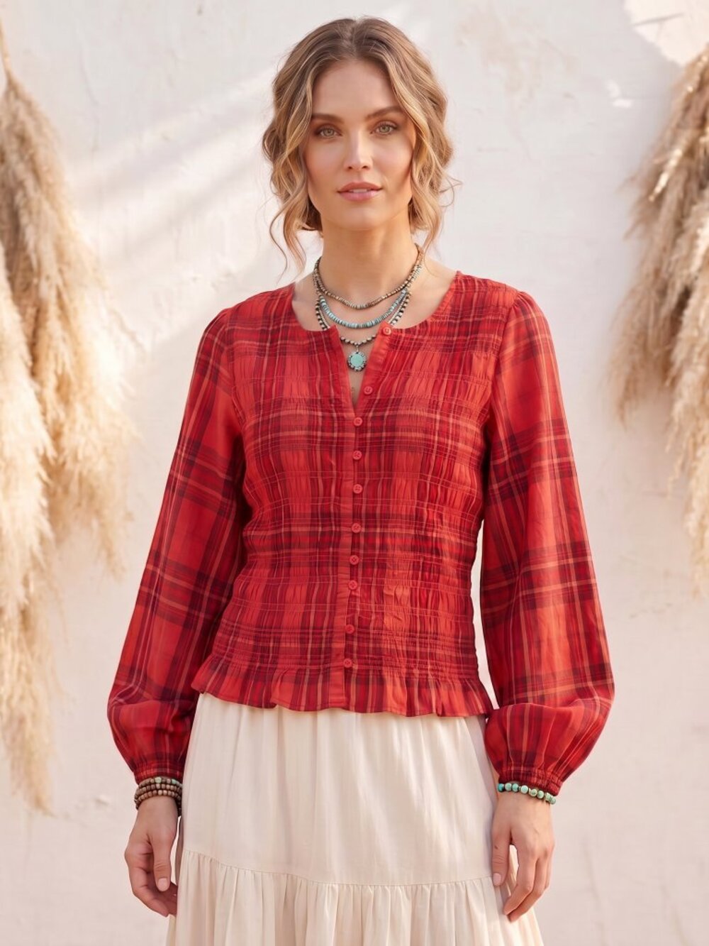 NWT Universal Thread Smocked Plaid Top Size XXL Red Ruffle Western Boho Cottage